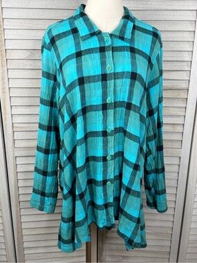 MILL VALLEY CLOTHING CO.  Women's Teal Plaid Button Down "Swing Big Shirt"-Large